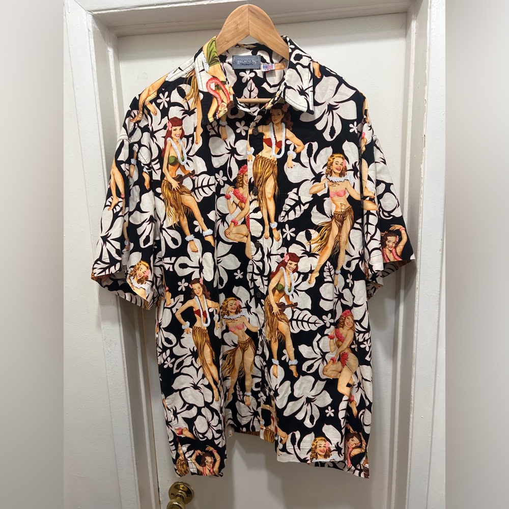Vintage High Seas Trading Hawaiian Shirt Mens XXL Hula Girl Floral Resort Beach